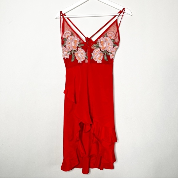 CleoBella Whispers Red Slip Dress Asymmetric Hem Embroidered - Picture 5 of 11